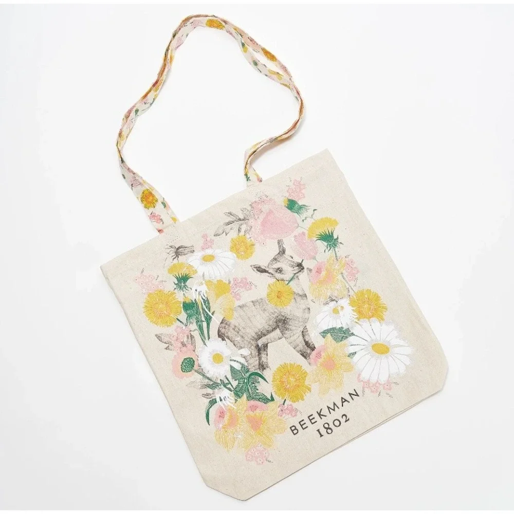 BEEKMAN 1802 Tote Bag Beige Floral Goat Botanical Baby Goat Women's OS‎ New
